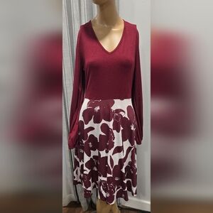 1 038 Moyabo Long Slv V-Neck Midi Flared Tank Purple White Dress POCKETS Size L